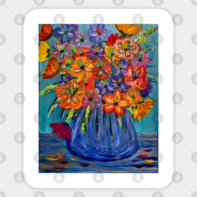 A lovely boutique of abstract bright and vibrant l flowers in a tall glass vase Sticker by kkartwork